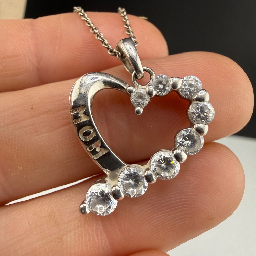 DL Heart Necklace Silver MOM Cubic Zirconia Signed 18in